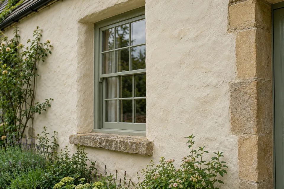 Soft, slightly irregular lime-style render around a traditional timber window