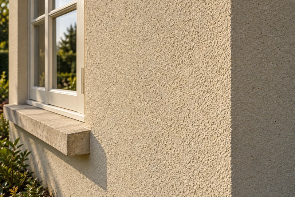 Scraped mineral render texture wrapping around an external corner