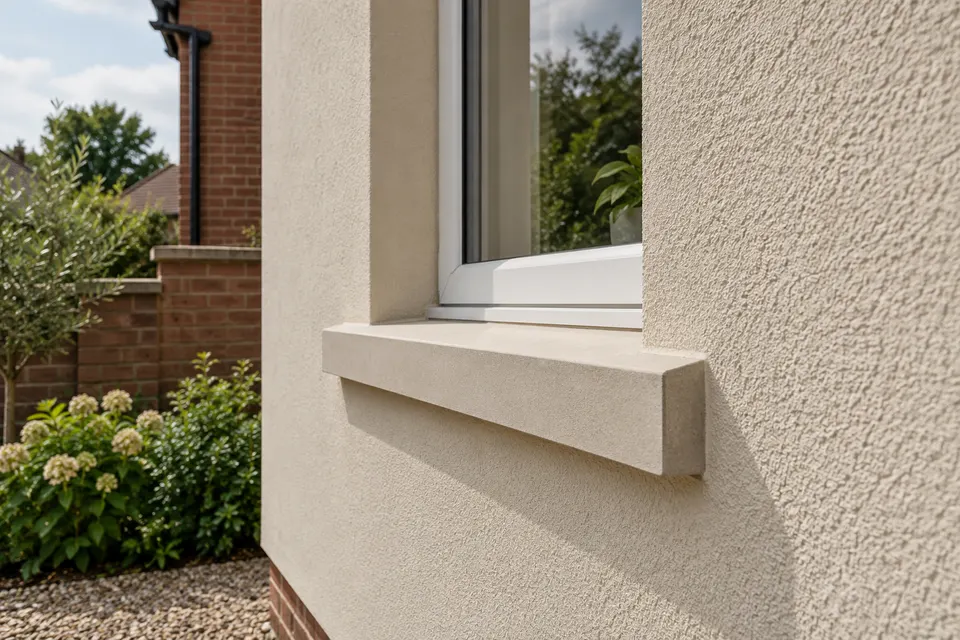 Illustrative close view of textured render at a window and projecting sill